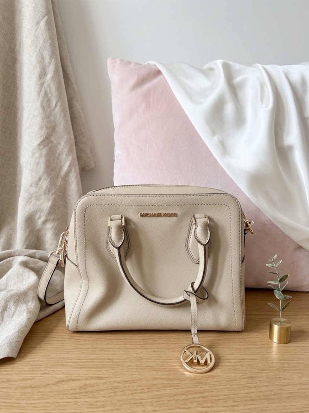 Michael Kors Beige Satchel with Gold MK Charm